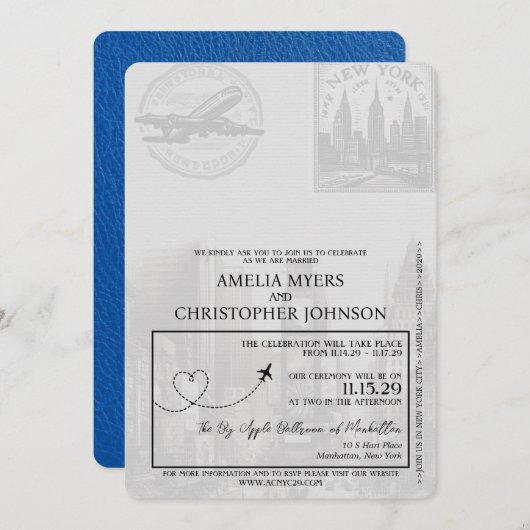 Royal Blue New York City Passport Wedding Einladung (Vorne/Hinten)