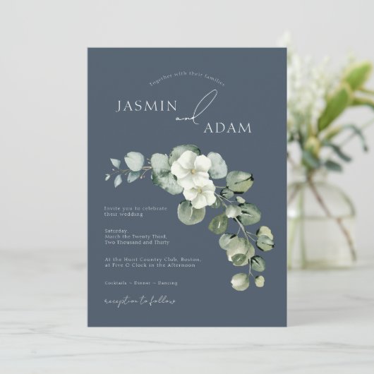 Royal Blue Opulence Eucalyptus Foliage Wedding Einladung (Stehend Vorderseite)