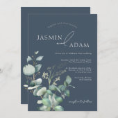 Royal Blue Opulence Eucalyptus Monogram Wedding Einladung (Vorne/Hinten)