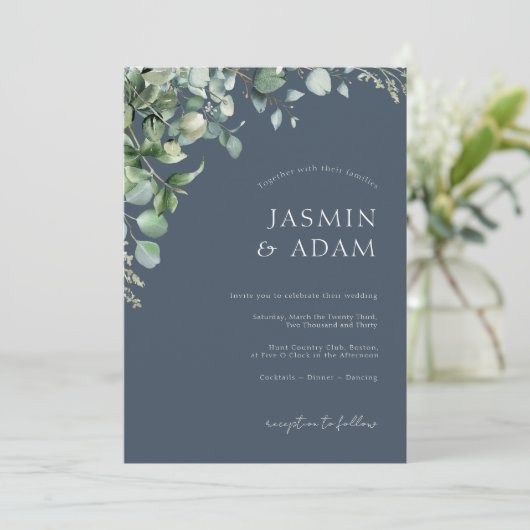 Royal Blue Opulence Eucalyptus Wedding Einladung (Stehend Vorderseite)