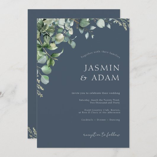 Royal Blue Opulence Eucalyptus Wedding Einladung (Vorne/Hinten)