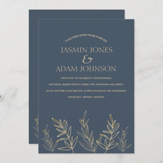 Royal Blue Opulence Gold Blätter Wedding Einladung (Vorne/Hinten)