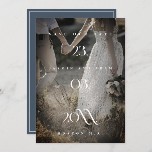 Royal Blue Opulence Minimal Foto Hochzeit Save The Date (Vorne/Hinten)