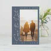 Royal Blue Opulence Typografy Foto Wedding Save The Date (Stehend Vorderseite)