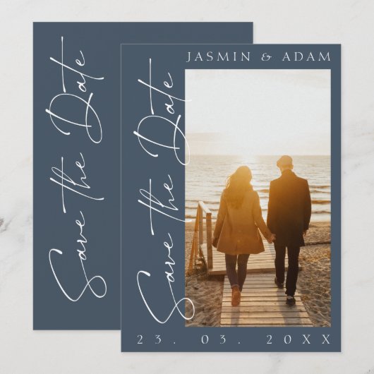 Royal Blue Opulence Typografy Foto Wedding Save The Date (Vorne/Hinten)