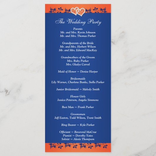 Royal Blue, Orange Floral, Hearts Wedding Program Programm (Rückseite)