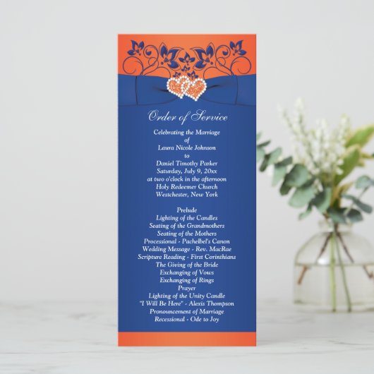 Royal Blue, Orange Floral, Hearts Wedding Program Programm (Stehend Vorderseite)