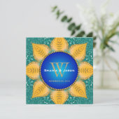 Royal Blue Orange Sunflower Aquamariner Glitzer Einladung (Stehend Vorderseite)