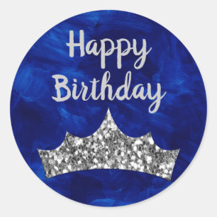 Royal Blue Paintbrush und Silver Crown Geburtstag Runder Aufkleber