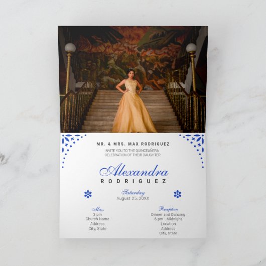 Royal Blue Papel Picado Mis Quince Años Einladung (Innenseite)