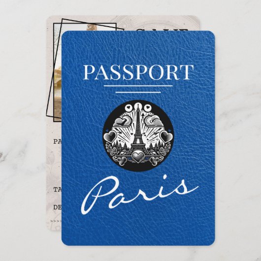 Royal Blue Paris Passport Save the Date (Vorne/Hinten)