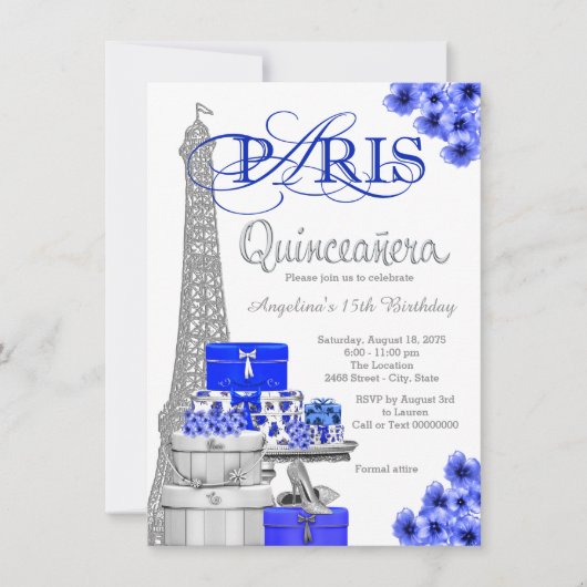 Royal Blue Paris Quinceanera Einladungen (Vorderseite)