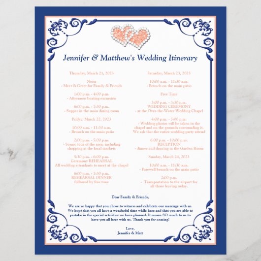 Royal Blue, Peach Hearts Wedding Itinerary Flyer (Vorne)