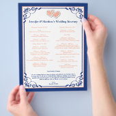 Royal Blue, Peach Hearts Wedding Itinerary Flyer (Hand)