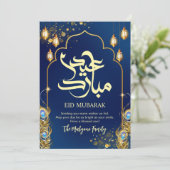 Royal Blue Peacock Feather and Gold Eid Mubarak Feiertagskarte (Stehend Vorderseite)