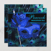 Royal Blue Peacock Masquerade Party Einladung (Vorne/Hinten)