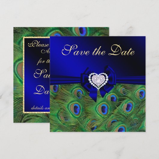 Royal Blue Peacock Save the Date (Vorne/Hinten)