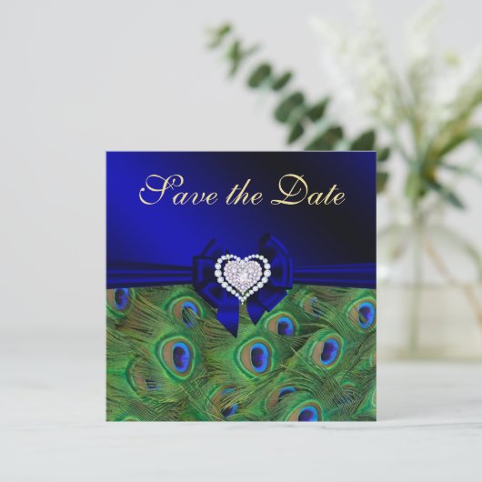 Royal Blue Peacock Save the Date (Stehend Vorderseite)