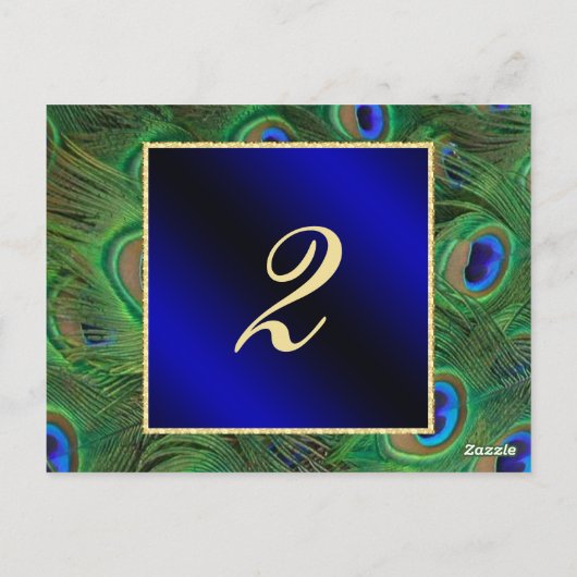 Royal Blue Peacock Tischnummer Card (Rückseite)