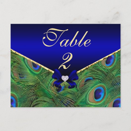 Royal Blue Peacock Tischnummer Card (Vorderseite)