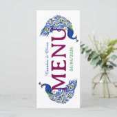 Royal Blue Peacock Wedding Flat Menu Menükarte (Stehend Vorderseite)