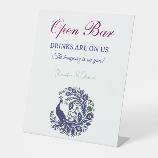 Royal Blue Peacock Wedding Open Bar Pedestal Sign Sockelschild (Vorderseite)