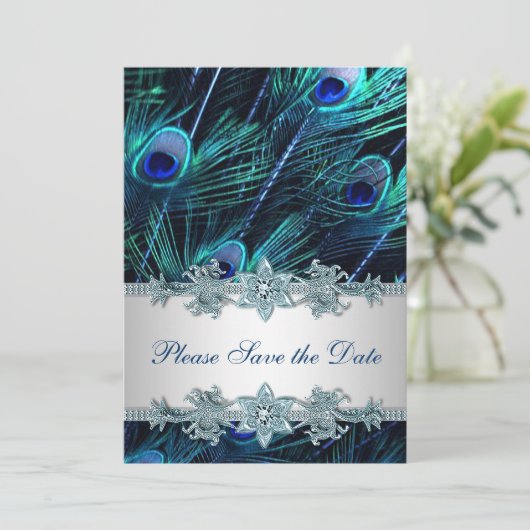 Royal Blue Peacock Wedding Save the Date (Stehend Vorderseite)