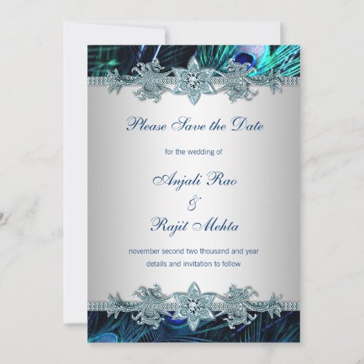 Royal Blue Peacock Wedding Save the Date (Rückseite)