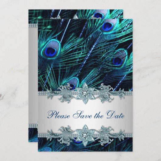 Royal Blue Peacock Wedding Save the Date (Vorne/Hinten)