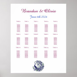 Royal Blue Peacock Wedding Seating Chart Poster