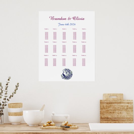 Royal Blue Peacock Wedding Seating Chart Poster (Küche)