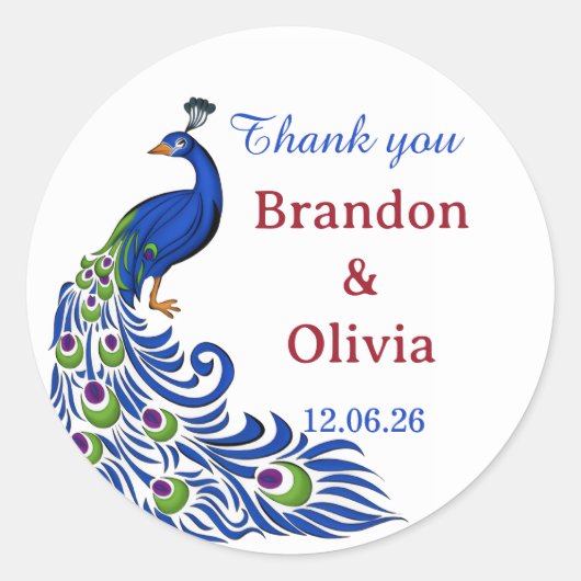 Royal Blue Peacock Wedding Stickers & Labels (Vorderseite)