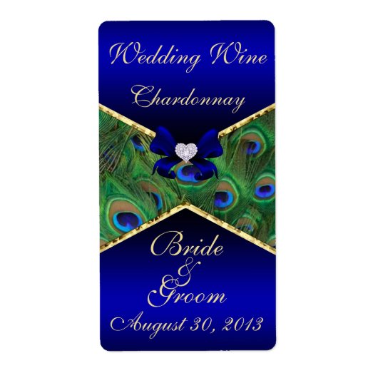 Royal Blue Peacock Wedding Wine Label (Vorne)