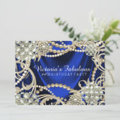 Royal Blue Pearl Glam Birthday Party Einladung (Stehend Vorderseite)