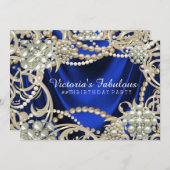 Royal Blue Pearl Glam Birthday Party Einladung (Vorne/Hinten)
