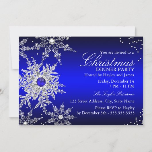 Royal Blue Pearl Snowflake Weihnachtsabend Party Einladung (Vorderseite)