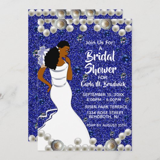 Royal Blue Pearls Afroamerikanisches Brautparty Einladung (Vorne/Hinten)