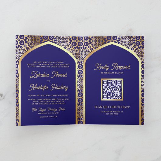Royal Blue Persian Arch QR Code Muslim Wedding Einladung (Innenseite)