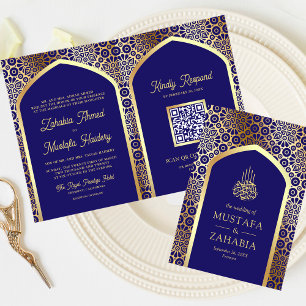 Royal Blue Persian Arch QR Code Muslim Wedding Einladung
