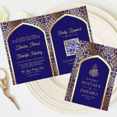 Royal Blue Persian Arch QR Code Muslim Wedding Einladung