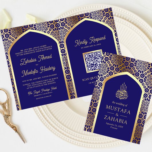Royal Blue Persian Arch QR Code Muslim Wedding Einladung