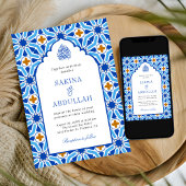 Royal Blue Persian Mosaic QR Code Muslim Wedding Einladung
