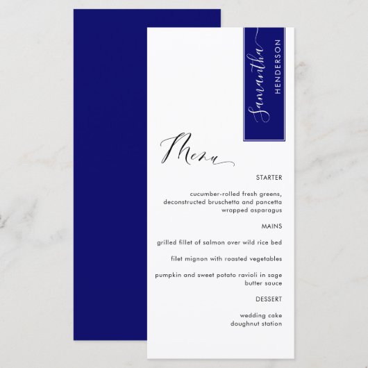 Royal Blue, Personalisiert mit Gast Name Elegant Menükarte (Vorne/Hinten)