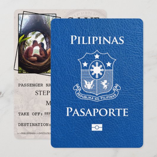 Royal Blue Philippinen Reisepass Save The Date (Vorne/Hinten)