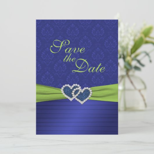 Royal Blue Pleats und Chartreuse Save the Date (Stehend Vorderseite)