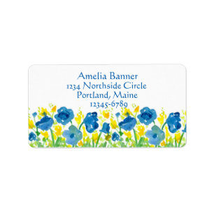 Royal Blue Poppies Yellow Watercolor Blume Adressaufkleber