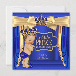 Royal Blue Prince Baby Dusche Gold Crown Brünett Einladung