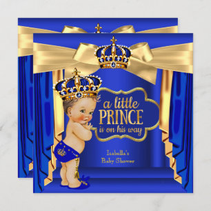 Royal Blue Prince Baby Dusche Gold Crown Brünett Einladung