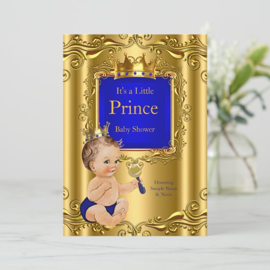 Royal Blue Prince Baby Dusche Gold Crown Brünett Einladung (Stehend Vorderseite)
