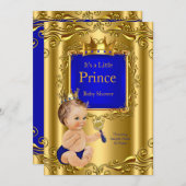 Royal Blue Prince Baby Dusche Gold Crown Brünett Einladung (Vorne/Hinten)